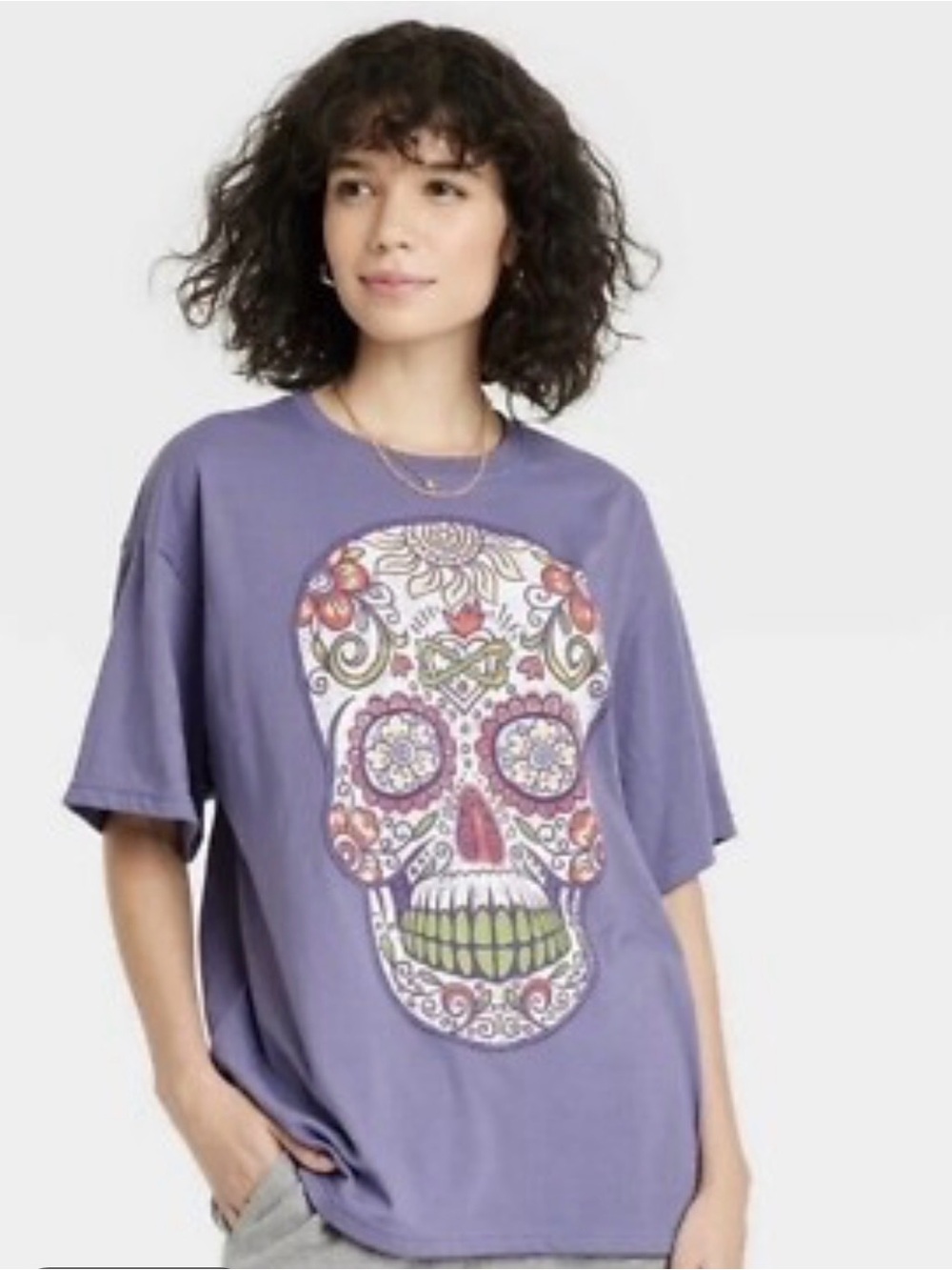 Hasta Siempre Day of the Dead Purple Graphic Tee with Colorful Skull Art Sz L